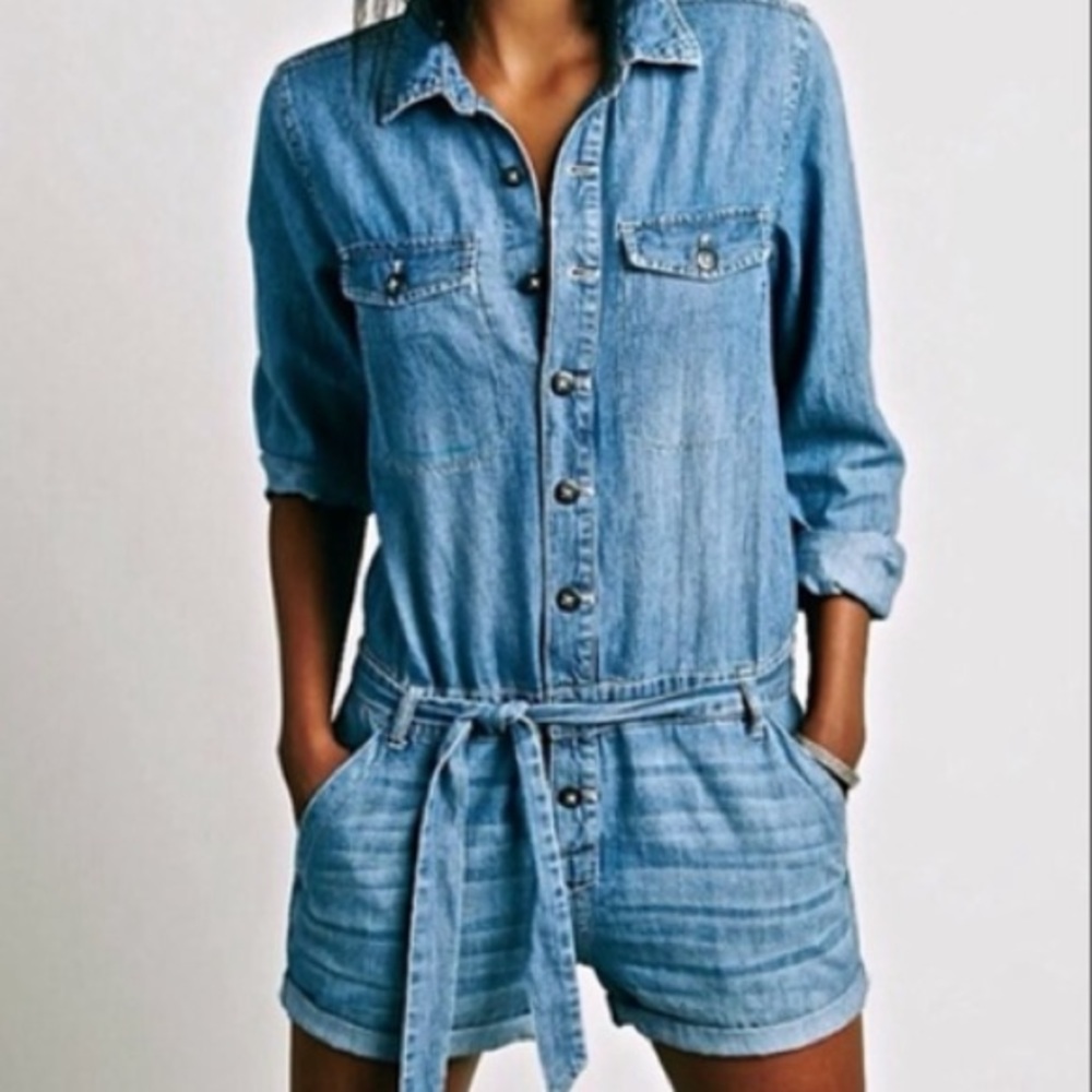 Free people chambray denim shortie coveralls/romper